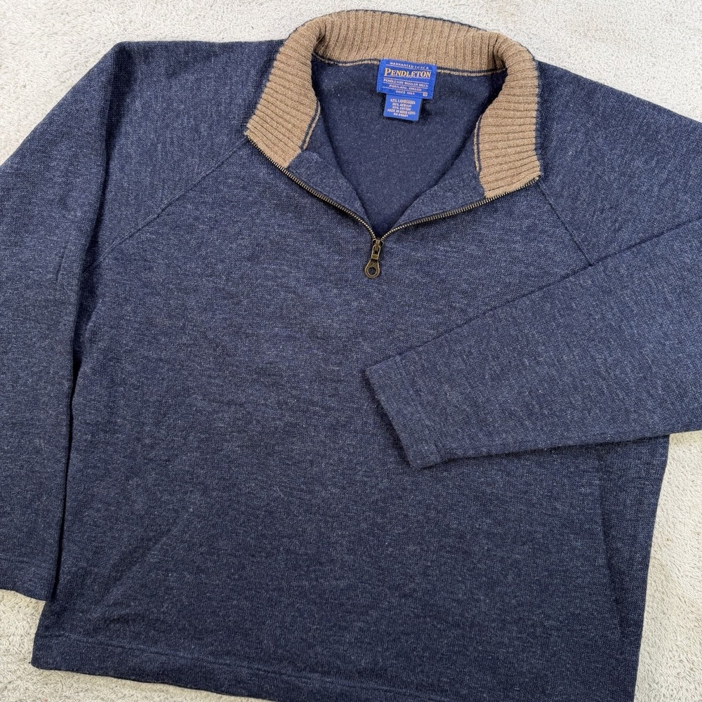 Pendleton Pullover Mens Large Navy Blue Lambswool Blend 1/4 Zip Ribbed Collar